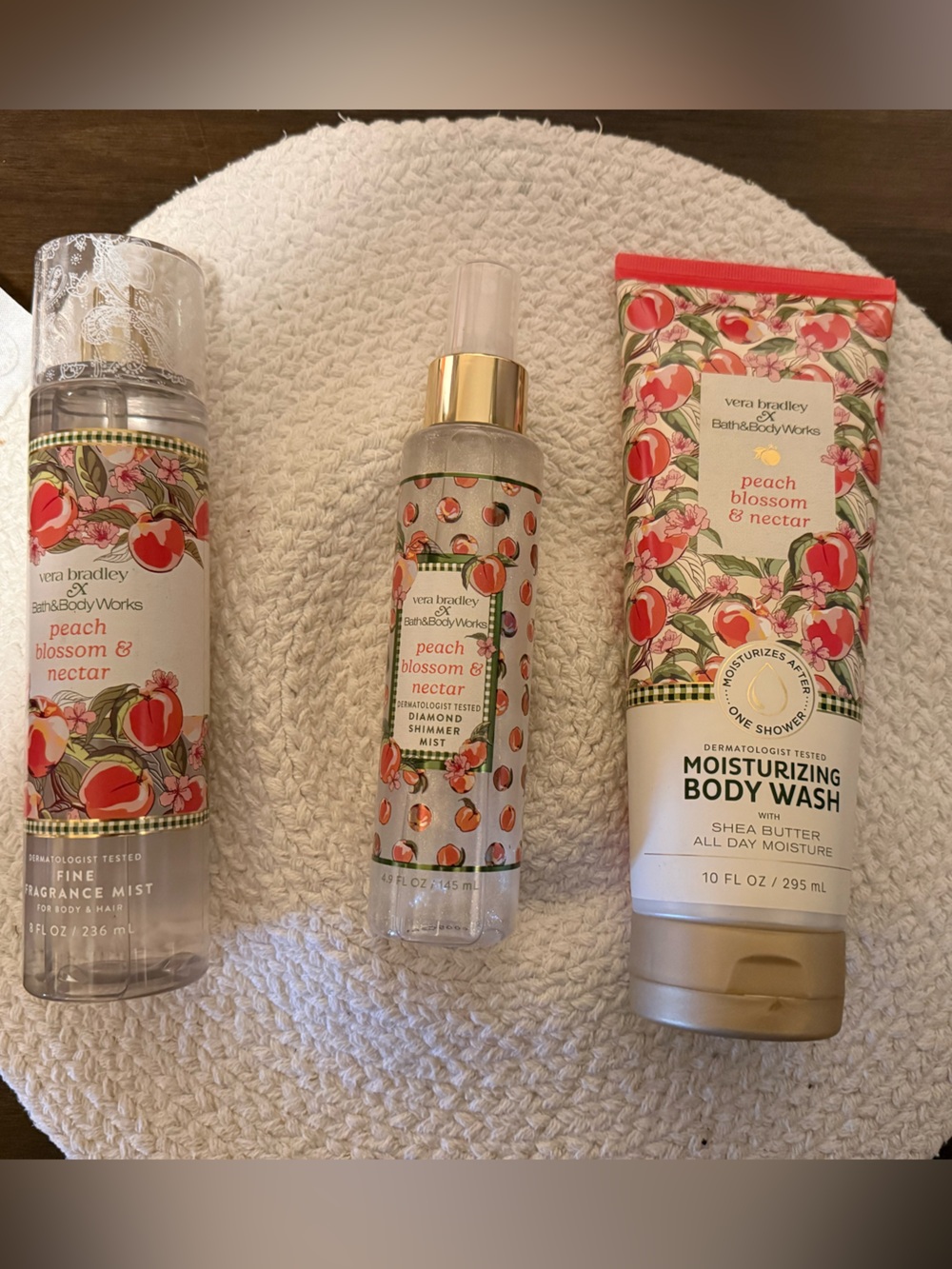 Vera Bradley Peach & Blossom Body Wash, shimmer Mist & fragrance spray